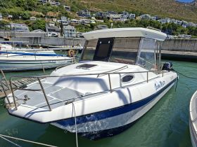 A clear view of the 'Ocean Master' boat docked, showcasing its sleek design and structure against a scenic backdrop.