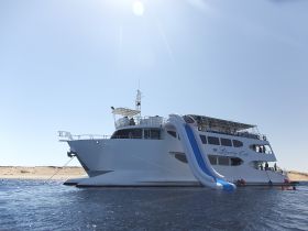 The Liberty Cat is anchored with a water slide, showcasing a fun day on the water with guests enjoying swimming and activities — perfect for group outings and adventures.