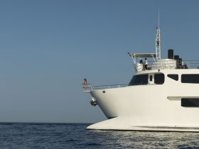 A person stands on the bow of a luxurious yacht, ready to jump into the clear blue waters — a perfect moment for adventure and fun on the water.