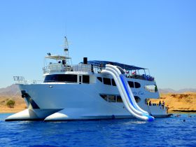 A lively scene featuring a boat with a water slide, where guests enjoy snorkeling and fun in the sun — perfect for adventurous outings on the water.