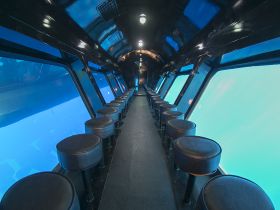 Interior view of a submarine-style cabin featuring seating along large windows, offering a stunning underwater view — perfect for marine exploration.