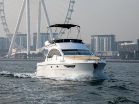 A sleek yacht cruising through the water with a stunning backdrop of a ferris wheel and modern buildings, perfect for showcasing luxury boating experiences.