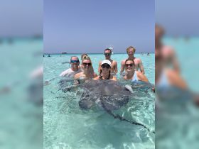 A group of friends interacts with a stingray in shallow waters, capturing a memorable wildlife experience in a tropical paradise.
