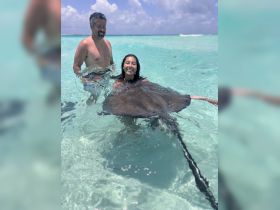 A joyful moment as a man and woman interact with a stingray in shallow turquoise waters, showcasing a unique wildlife experience in the Bahamas.