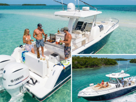 A lively group enjoys a barbecue on a yacht, complete with cocktails and stunning turquoise waters — the perfect setting for a fun day on the water.
