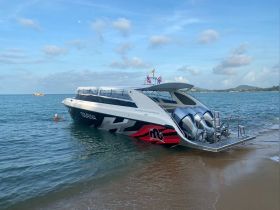 A sleek tour boat is anchored near the beach, with a swimmer enjoying the clear waters — perfect for adventure seekers and beach lovers.
