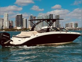 A sleek speedboat cruising through the waters with a stunning city skyline in the background, perfect for a day of adventure on the water.