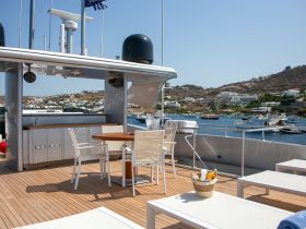 A beautifully designed dining area on a luxury yacht, featuring a round table and comfortable seating, perfect for enjoying meals while taking in stunning views of the coastline.