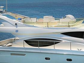 A stunning side view of a luxurious yacht showcasing its sleek design and spacious upper deck, perfect for enjoying the open waters.