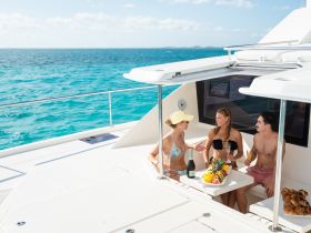 A lively group enjoys a festive moment aboard a yacht, complete with cocktails and a delicious spread of fruits and pastries, perfect for a day on the water.