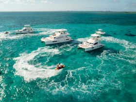 A thrilling scene of a jet ski rider enjoying the turquoise waters, surrounded by multiple yachts — perfect for adventure seekers and water enthusiasts.