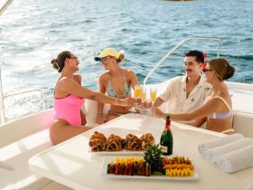 A joyful group of friends toasts with cocktails aboard a yacht, enjoying delicious food and a beautiful day on the water.
