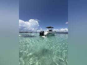 A pristine view of a Pro-Line boat anchored in crystal-clear waters, showcasing the beauty of a tranquil day on the water.