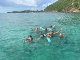 A lively group enjoys snorkeling in crystal-clear waters, showcasing the fun and excitement of a perfect day on the water.