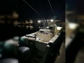 A well-equipped boat interior featuring a helm and console, illuminated at night, perfect for evening fishing trips or nighttime excursions.