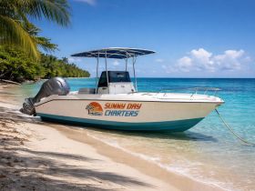 A speedboat named 'Sunny Day Charters' rests on a pristine beach, surrounded by clear turquoise waters and lush greenery, perfect for a day of adventure on the sea.