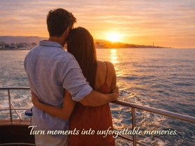 A couple embraces on the deck of a yacht, enjoying a stunning sunset — a perfect moment for creating unforgettable memories on the water.
