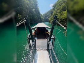 A scenic view from the deck of a boat navigating through lush green cliffs and clear turquoise waters, showcasing a relaxing day on the river.