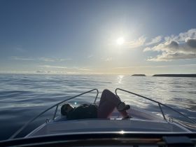 A serene moment on the water as a guest relaxes on the bow of a boat, enjoying the stunning ocean view and sunset — perfect for unwinding during a day at sea.