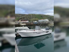 A sleek boat named 'Pra La E Fora' docked in a serene harbor, reflecting the surrounding landscape — ideal for fishing or leisure trips.
