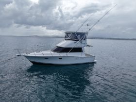 A sleek yacht anchored in calm waters, showcasing its elegant design and fishing gear — perfect for a day out on the ocean.