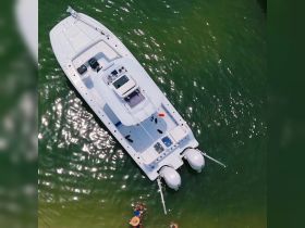 Aerial view of a boat with people enjoying the water below, showcasing a perfect day for aquatic adventures.