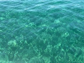 A close-up view of clear turquoise water, showcasing the beautiful aquatic environment. Ideal for highlighting the serene beauty of marine landscapes.