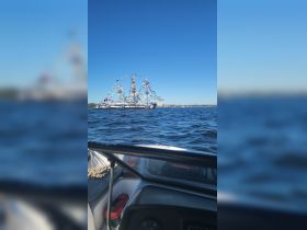 A vibrant view of a festively decorated ship on the water, showcasing a lively maritime celebration against a clear blue sky.