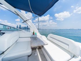 A stylish interior view of a boat's seating area, showcasing a comfortable lounge space with a scenic backdrop of the city skyline — perfect for relaxing while cruising.