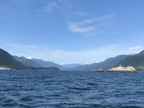 A stunning view of snow-capped mountains and a rocky coastline, showcasing the natural beauty of the area — perfect for nature lovers and scenic boat tours.
