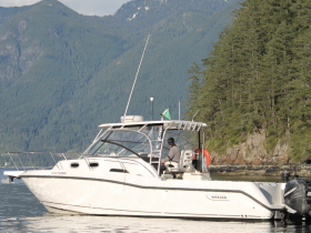 A sleek Whaler boat is captured underway against a stunning backdrop of mountains and trees, showcasing the perfect vessel for exploring scenic waters.