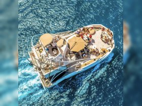 A vibrant group enjoys a lively atmosphere aboard a boat cruising through sparkling waters, perfect for social gatherings and celebrations.