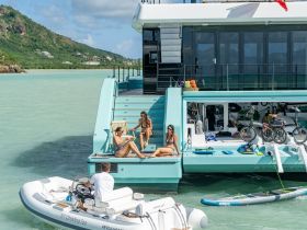 A group of friends relaxes on the deck of a luxurious catamaran, enjoying the sun and the beautiful surroundings — perfect for a day of leisure on the water.