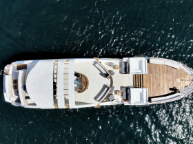 Aerial view of a luxurious yacht showcasing its spacious deck and elegant design, perfect for upscale boating experiences.