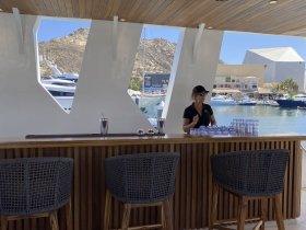 A bartender prepares drinks at a stylish boat bar, showcasing the luxurious interior design and inviting atmosphere for guests.