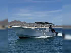 A sleek speedboat cruising through clear waters, showcasing its design against a scenic coastal backdrop.