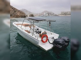 A sleek speedboat anchored in calm waters, showcasing its modern design and features against a scenic coastal backdrop.