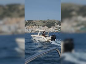 A motorboat named 'Leonardo' navigates through the water, showcasing a vibrant coastline in the background — perfect for exploring scenic coastal areas.