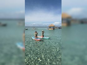 Two friends enjoy paddleboarding in crystal-clear waters, showcasing the perfect beach day filled with fun and adventure.