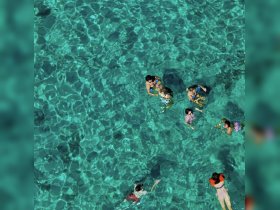 A lively group enjoys swimming in crystal-clear waters, creating a perfect backdrop for fun and relaxation during a boating adventure.