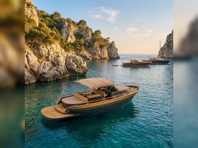 A stunning view of a boat anchored in a serene cove, surrounded by rocky cliffs and clear waters — perfect for exploring coastal destinations.