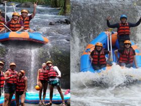 A thrilling rafting adventure captures a group of friends enjoying the excitement of navigating through waterfalls — perfect for adrenaline seekers and outdoor enthusiasts.