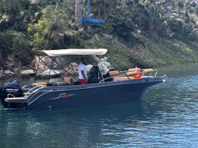 A family enjoys a sunny day on a boat, creating lasting memories on the water surrounded by lush greenery.