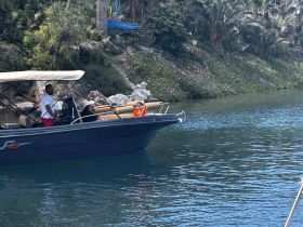 A family enjoys a sunny day on the water, waving from their boat amidst lush greenery — a perfect moment of fun and togetherness.