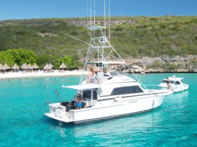 A vibrant scene at a beach with a boat anchored nearby, where guests enjoy swimming in the clear turquoise waters — perfect for a fun day out on the water.
