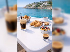 A delightful breakfast spread featuring croissants, fresh fruit, and coffee, perfect for enjoying on a boat while taking in the serene waterfront views.