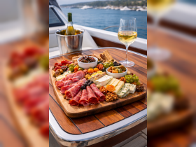A beautifully arranged charcuterie board featuring an assortment of meats, cheeses, and snacks, perfect for enjoying on a boat trip with drinks in hand.