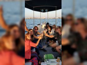 A lively group celebrates with cocktails on a boat, enjoying the scenic views of the city skyline — perfect for memorable gatherings and parties on the water.