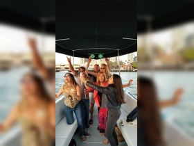 A lively group celebrates on a boat, raising their glasses in a toast — perfect for parties and memorable outings on the water.