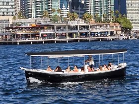A lively group enjoys a boat ride on the water, surrounded by a vibrant cityscape — perfect for social outings and celebrations.